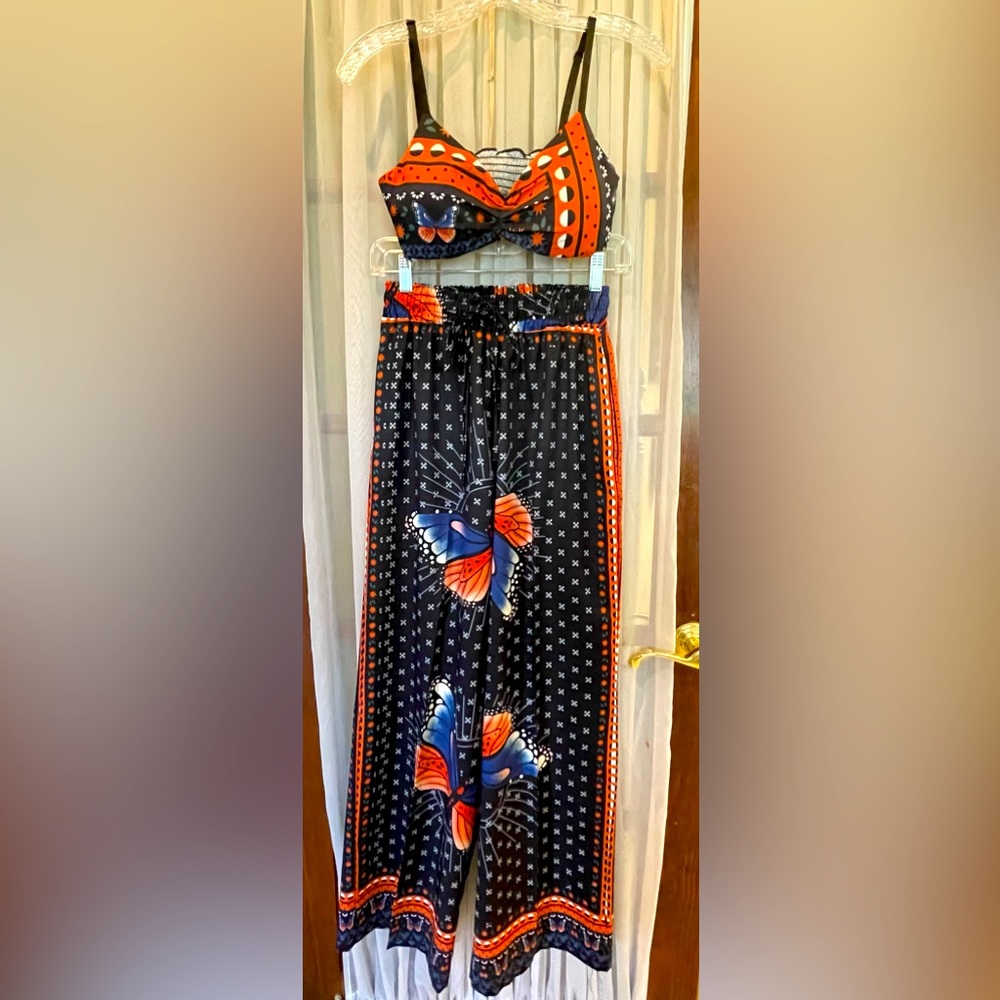 Retro Summer 2 Piece Bikini Top Pants Set with Butterfly Print - Pockets